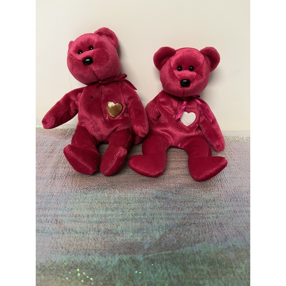 2 TY VALENTINA Beanie Babies Red Bear Plush Gold & Pink Heart Valentine Gift